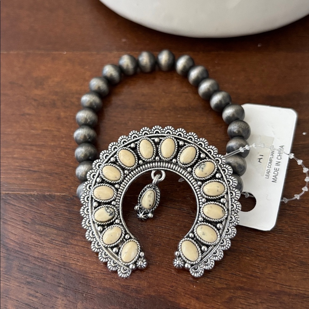 Squash Blossom Cream stones in silvertone, stretch,dark gray beads,Western